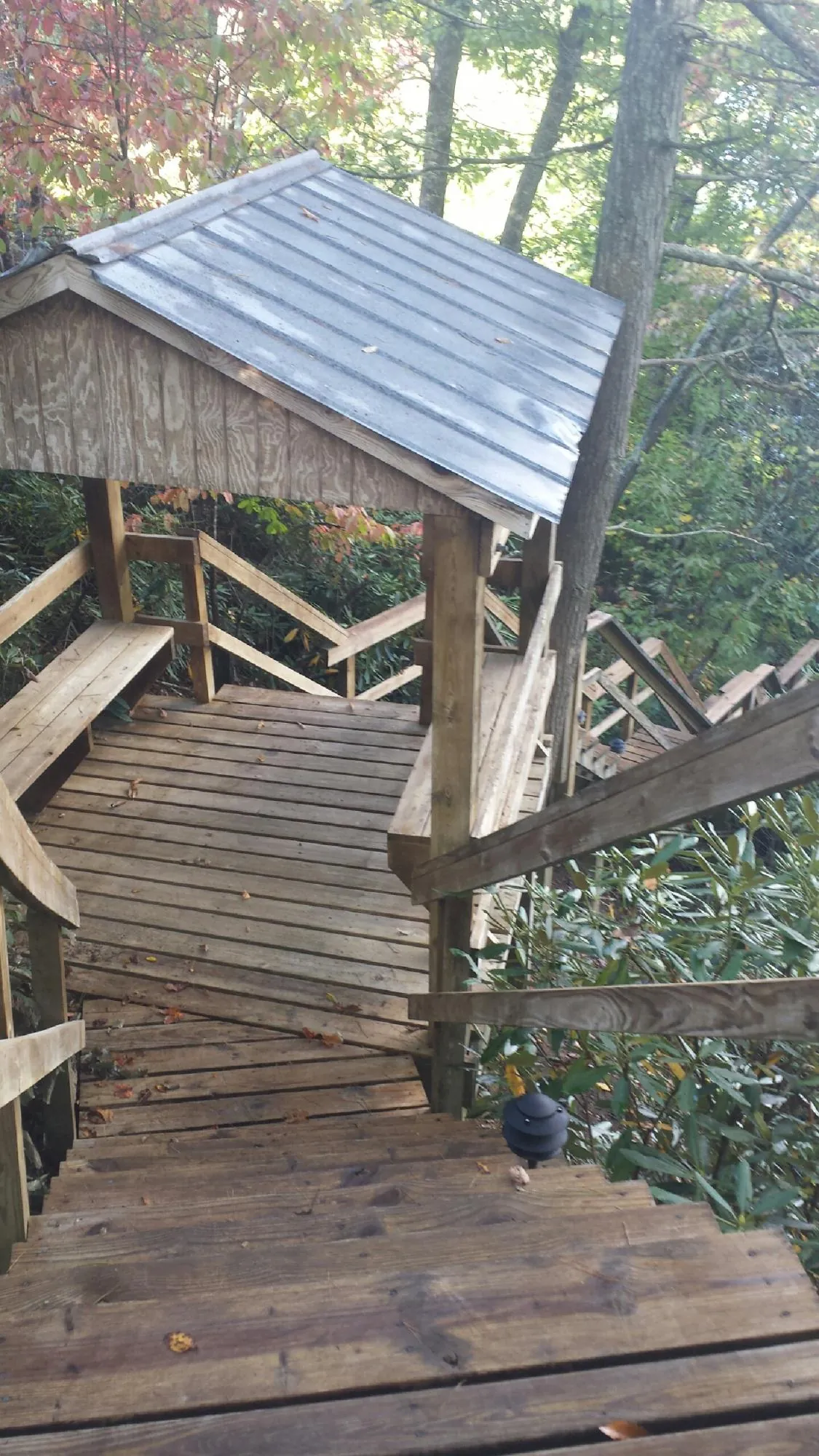 Metal roofed shelter over wooden steps on a wooded walkway — Skylight Repair & Installation work by our crew in Coalfield